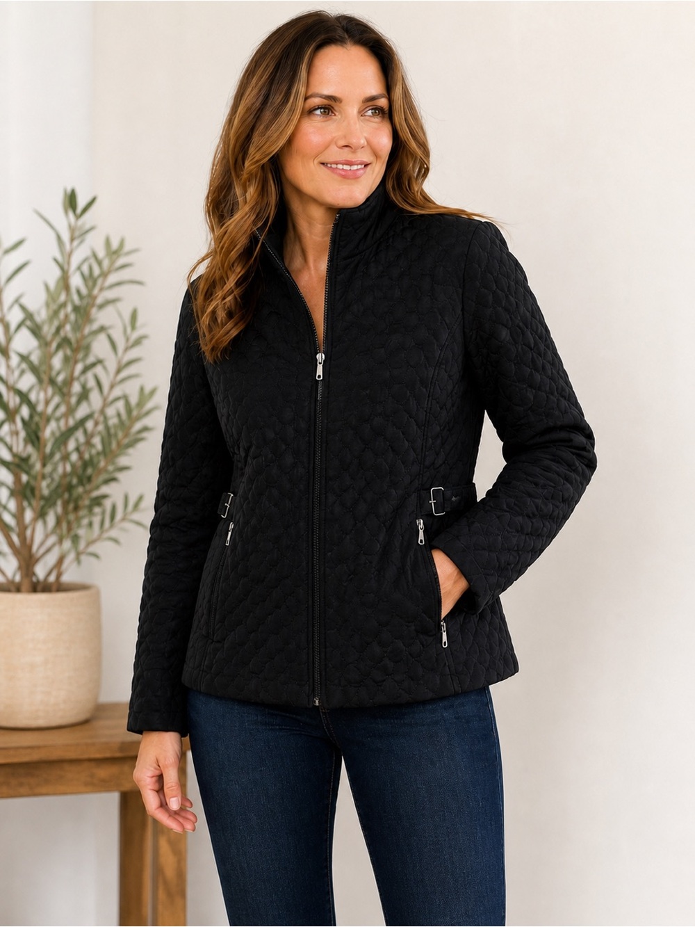 Gallery Black Quilted Jacket Size L – Warm Insulated Coat Zip Front Waist Detail